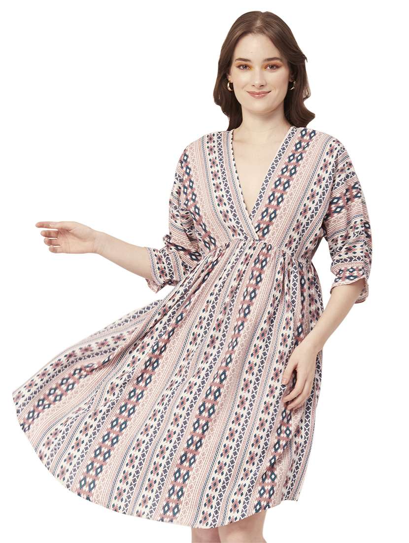 women printed back knot a-line dress