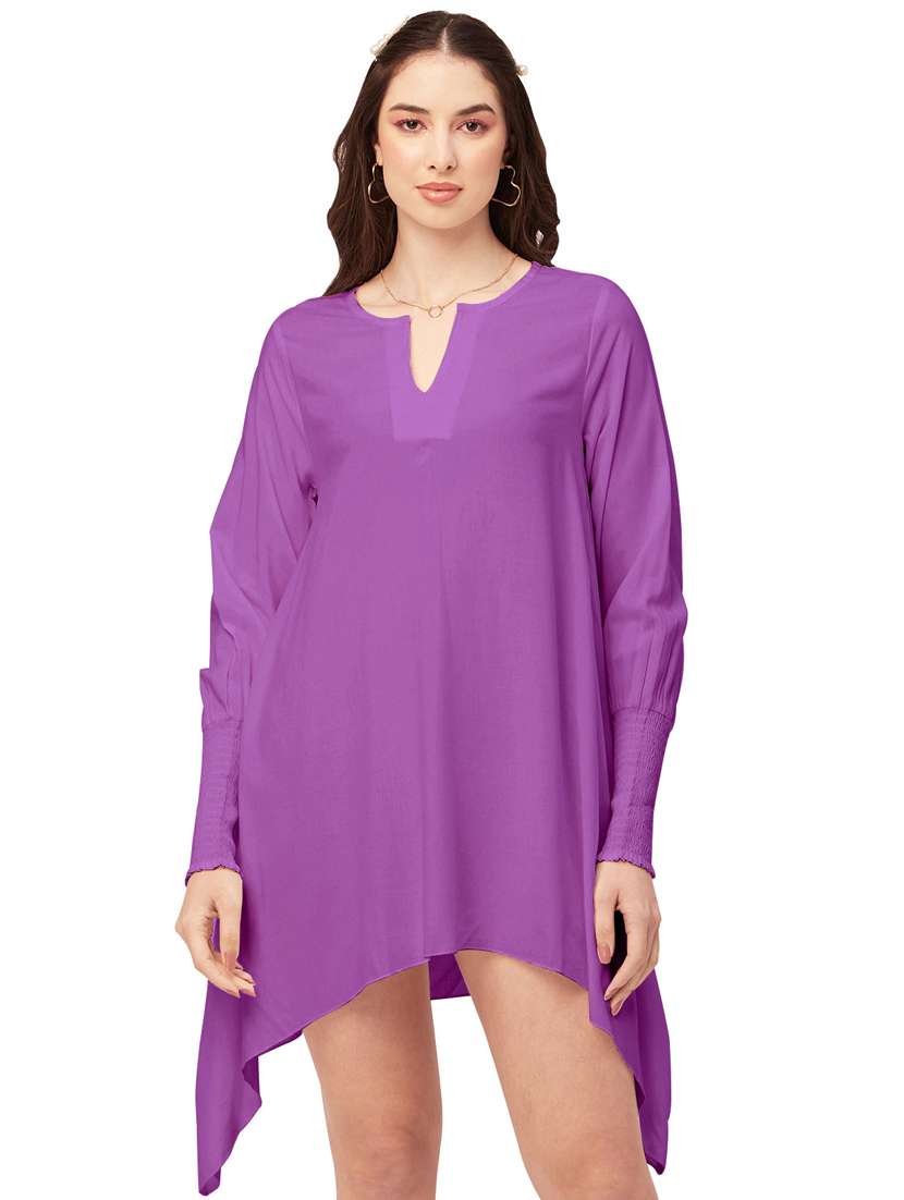 women solid purple asymmetric short dress