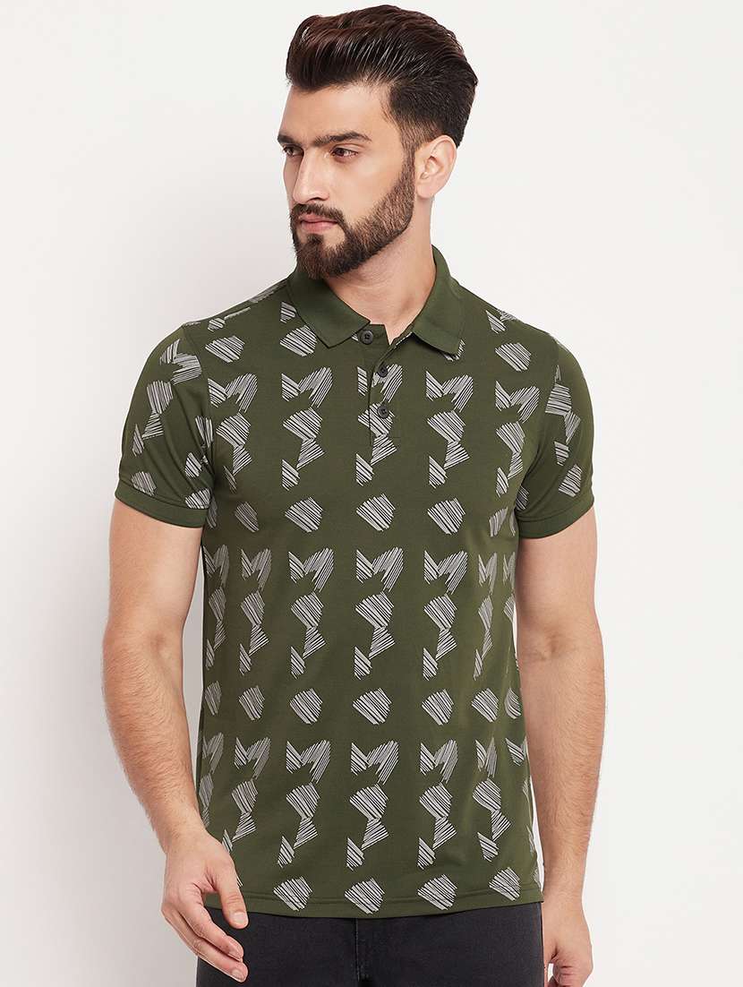 men olive green printed polo t-shirt