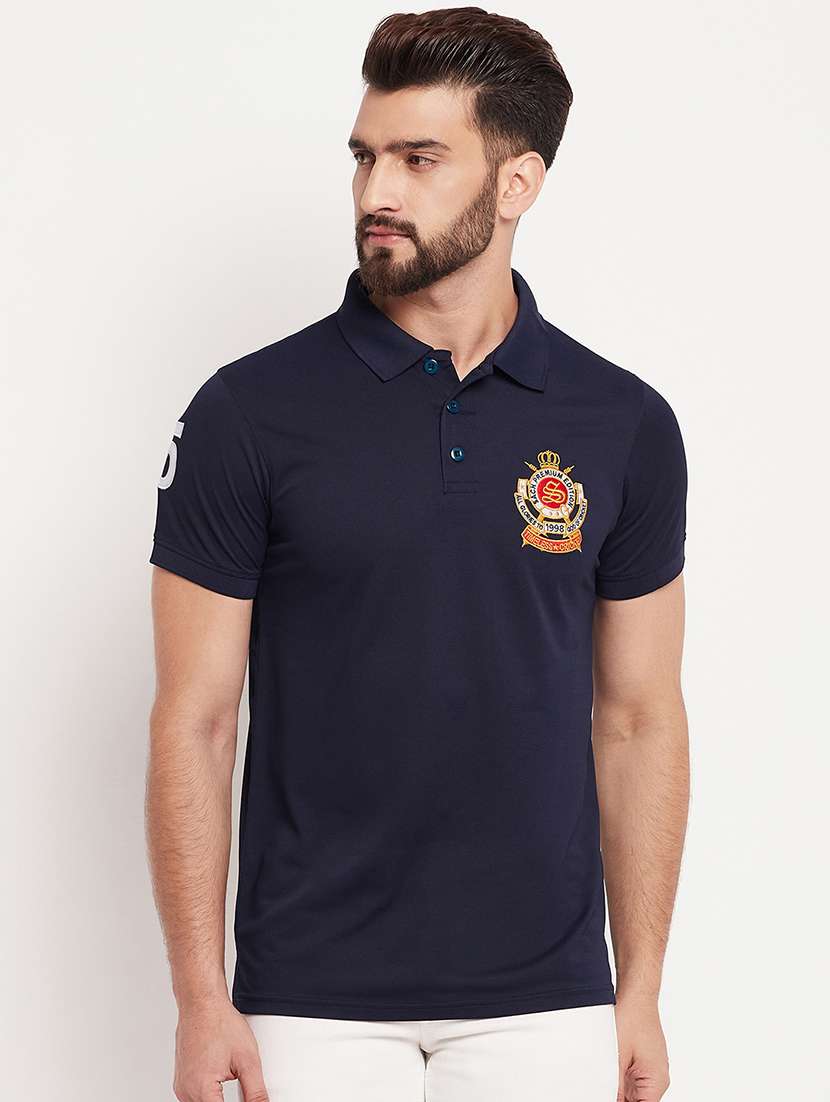 men navy blue embroidered detailed polo t-shirt