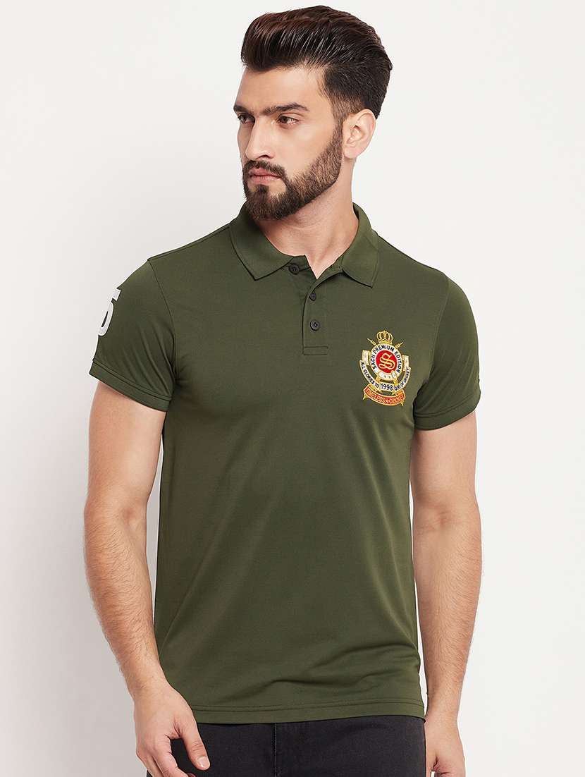 men olive green embroidered detailed polo t-shirt