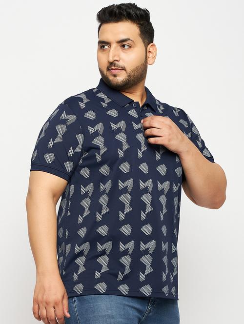 men navy blue printed plus size polo t-shirt - 20570879 - Standard Image - 0