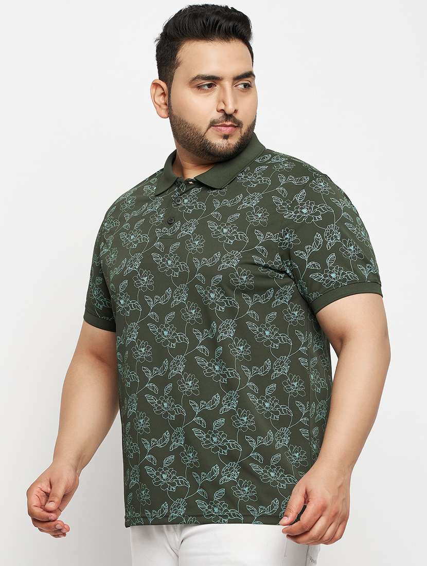 men olive printed plus size polo t-shirt - 20570884 -  Zoom Image - 0