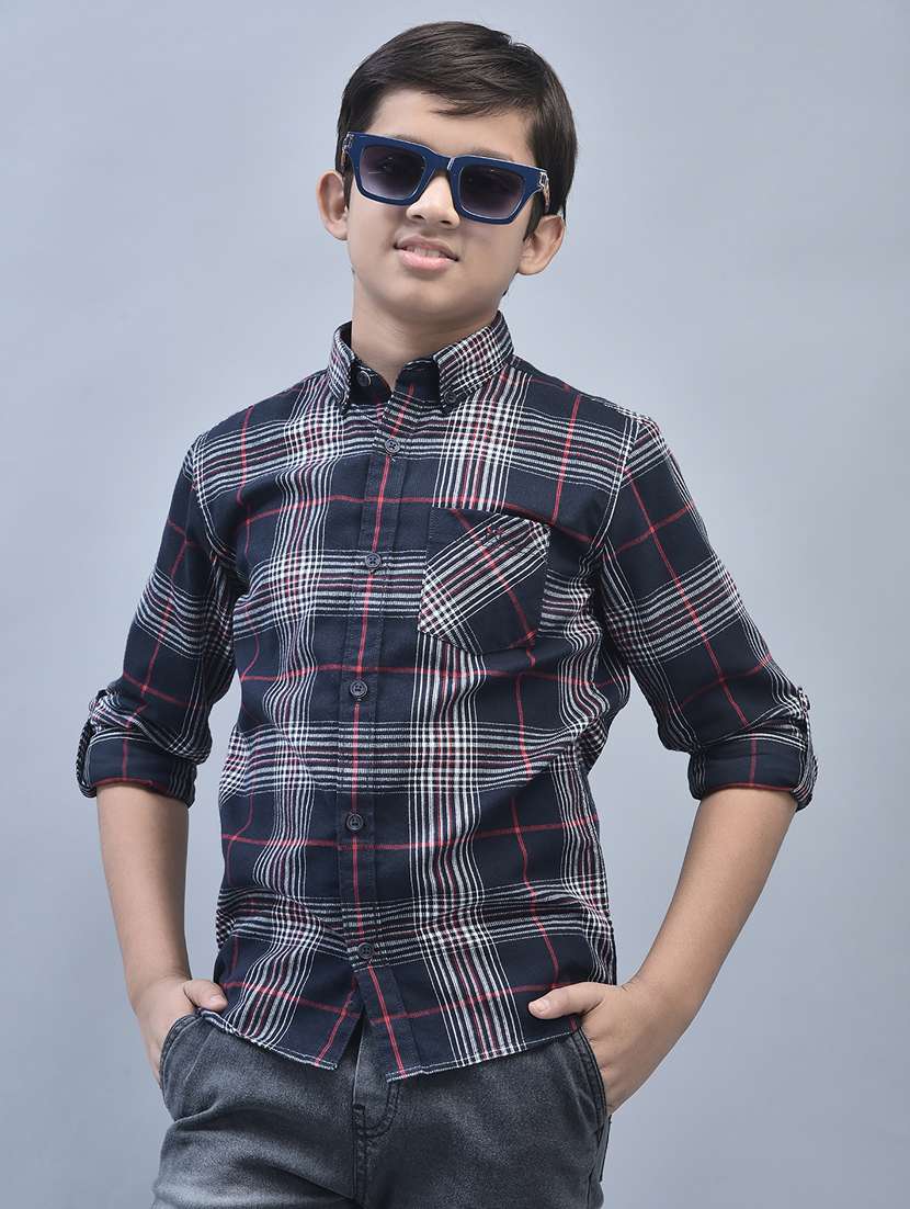 boys navy blue checked pocket detailed shirt