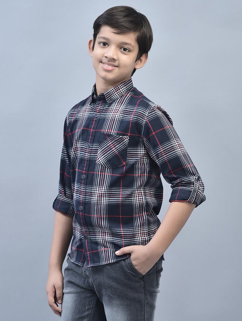 boys navy blue checked pocket detailed shirt - 20570924 -  Standard Image - 1