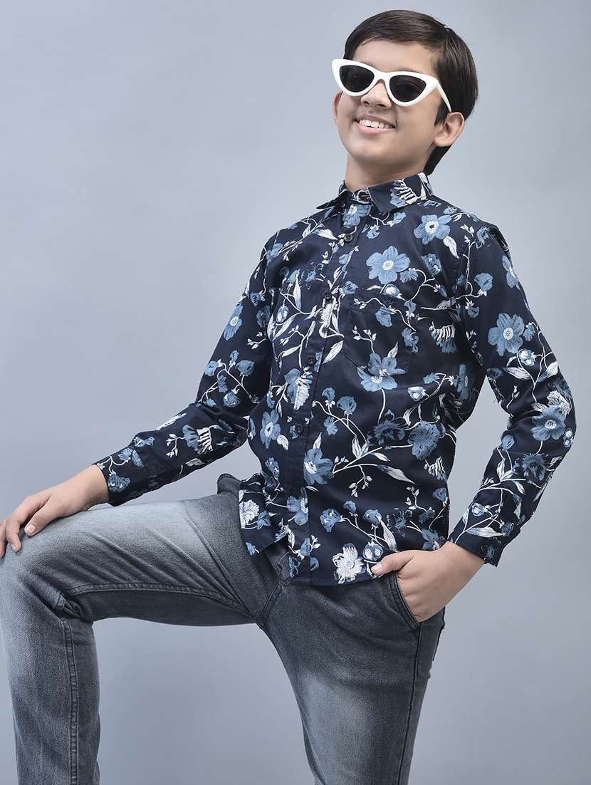 boys navy blue floral printed casual shirt - 20570934 -  Standard Image - 1