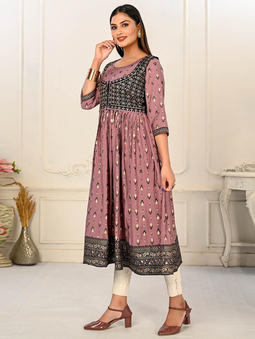 women mauve round neck flared kurta - 20571108 - Standard Image - 1