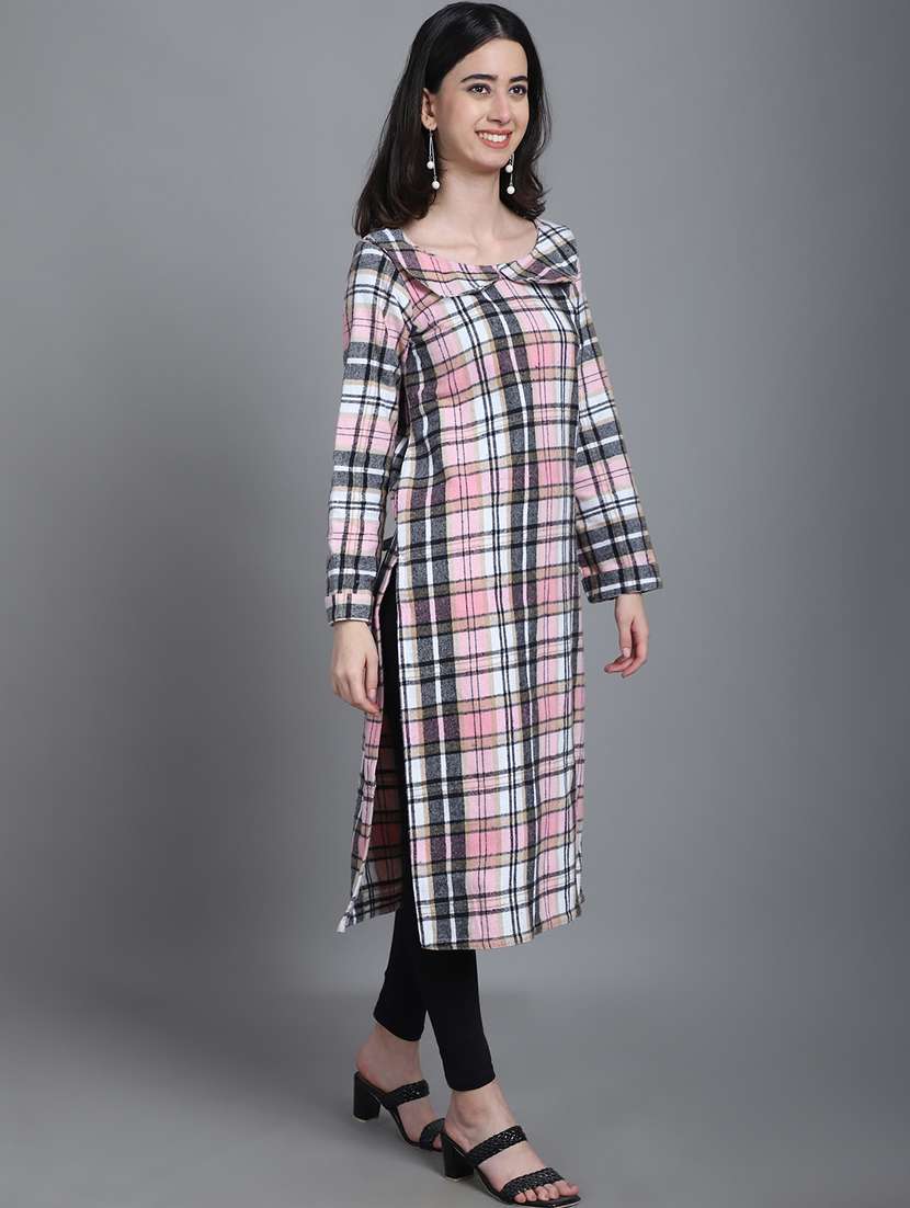 women multi color check printed full sleeve woolen kurti - 20571334 -  Standard Image - 1