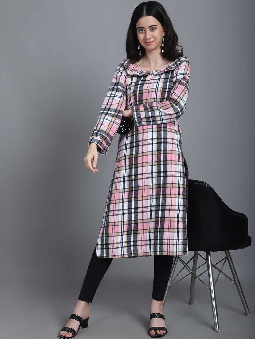 women multi color check printed full sleeve woolen kurti - 20571334 -  Standard Image - 4