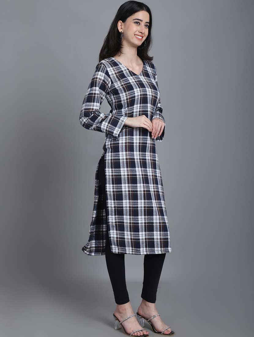 women checkered long sleeve woolen kurta - 20571338 -  Standard Image - 1