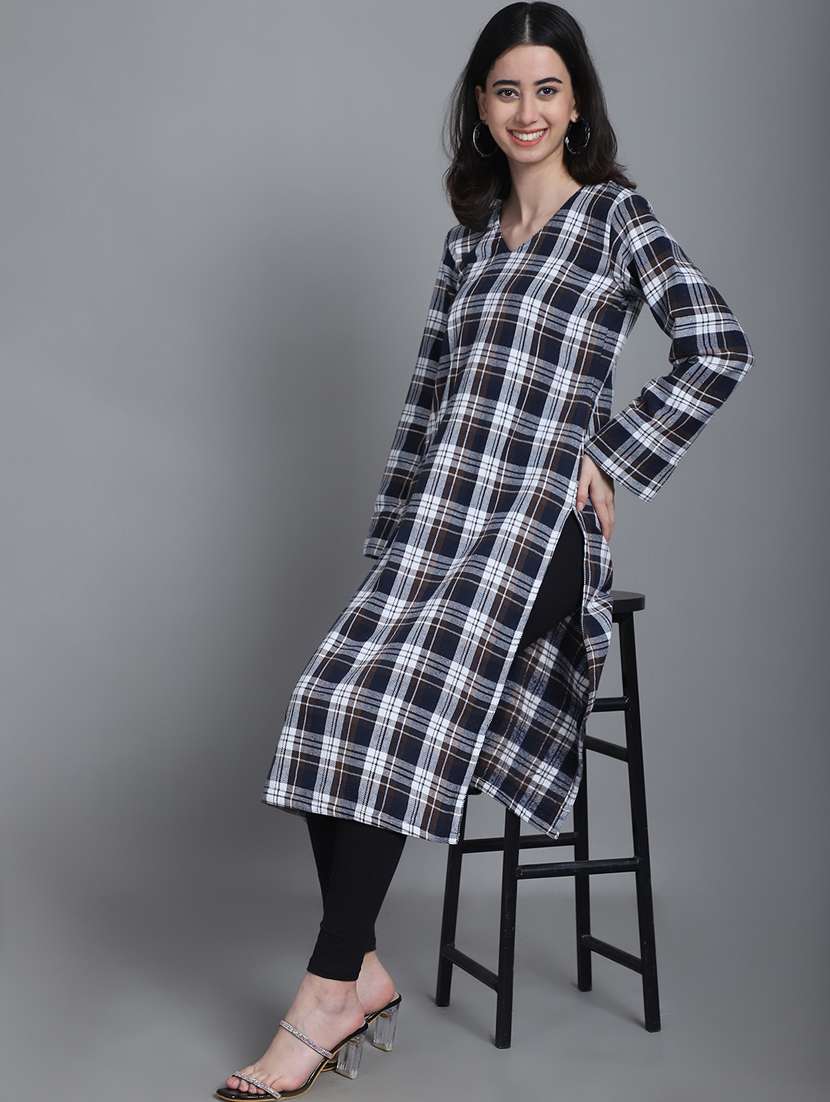 women checkered long sleeve woolen kurta - 20571338 -  Standard Image - 4