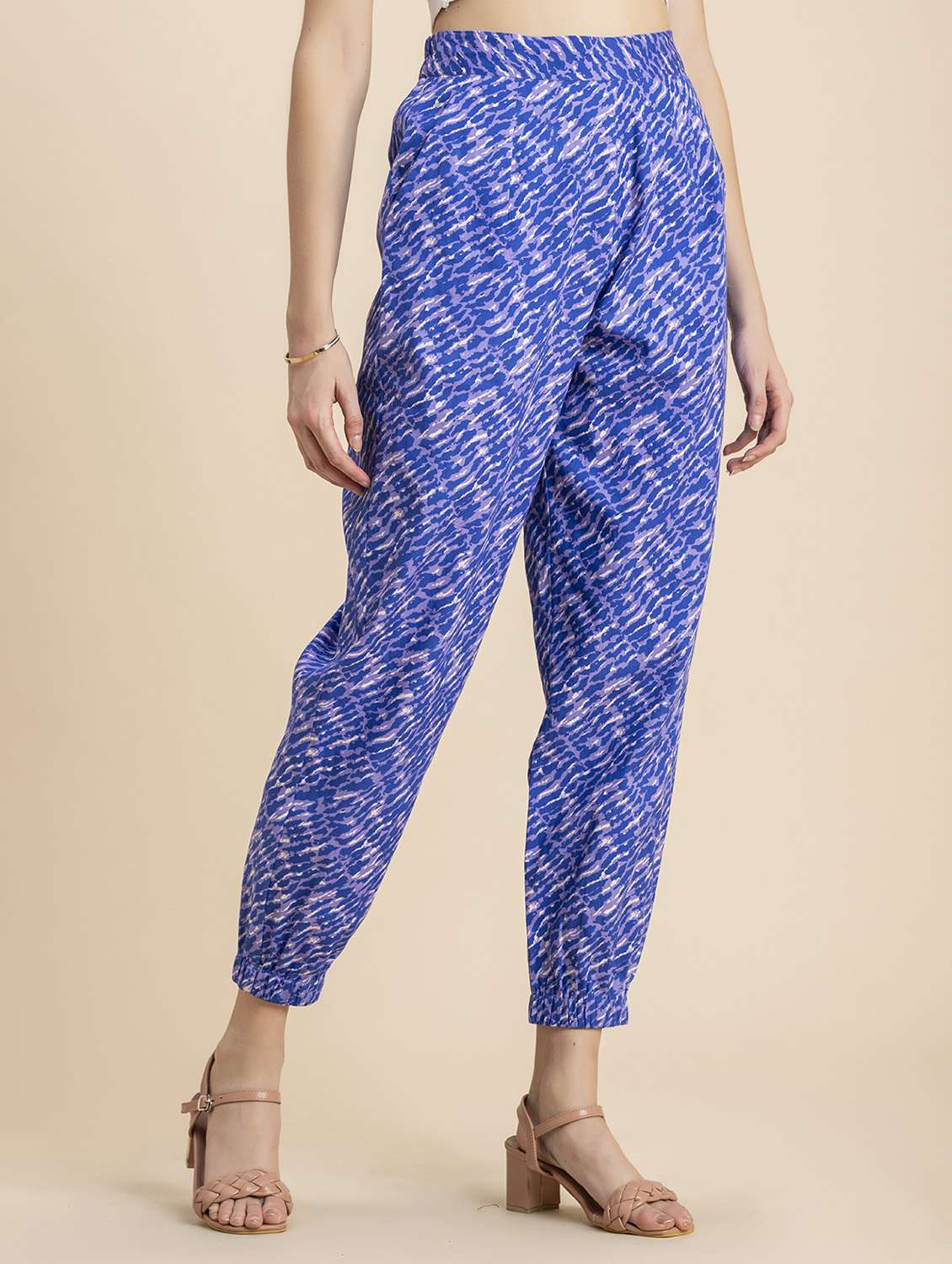 women blue printed peg trouser - 20571355 -  Standard Image - 1