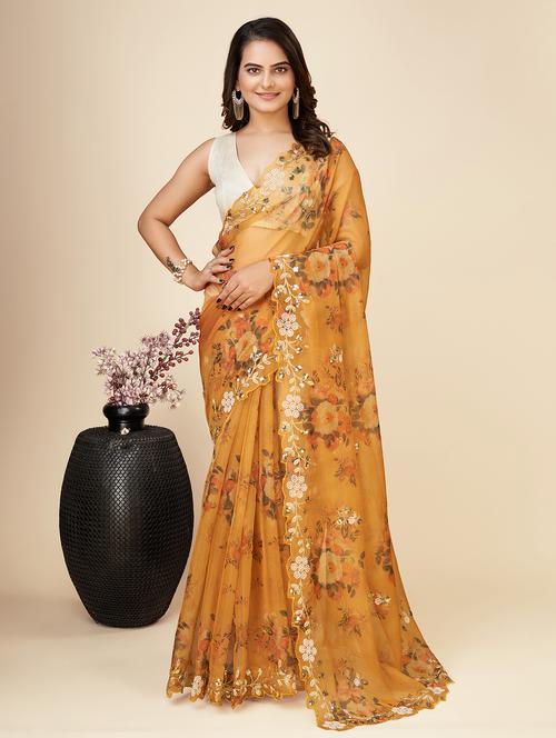 women's floral mustard colored saree with blouse - 20572077 - Standard Image - 0