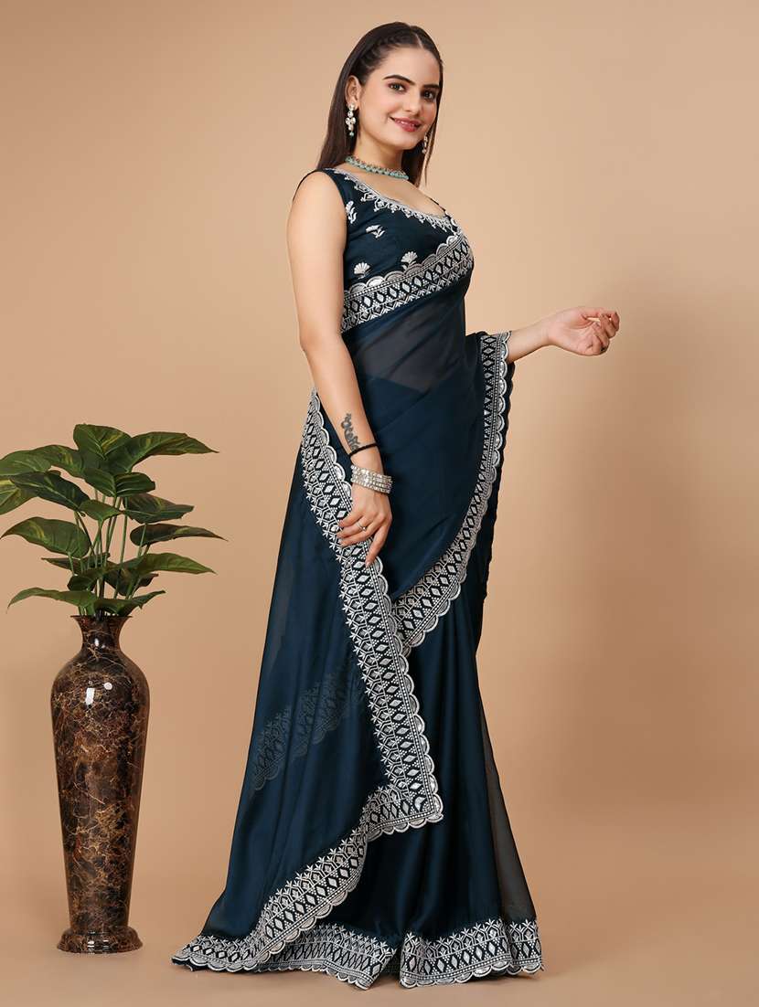 women's bordered navy blue colored saree with blouse - 20572084 -  Standard Image - 1