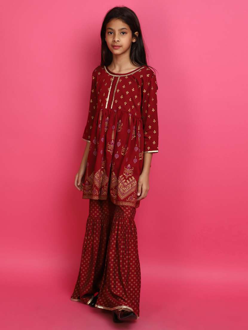 girls foil print round neck kurta and sharara set - 20572381 - Standard Image - 1