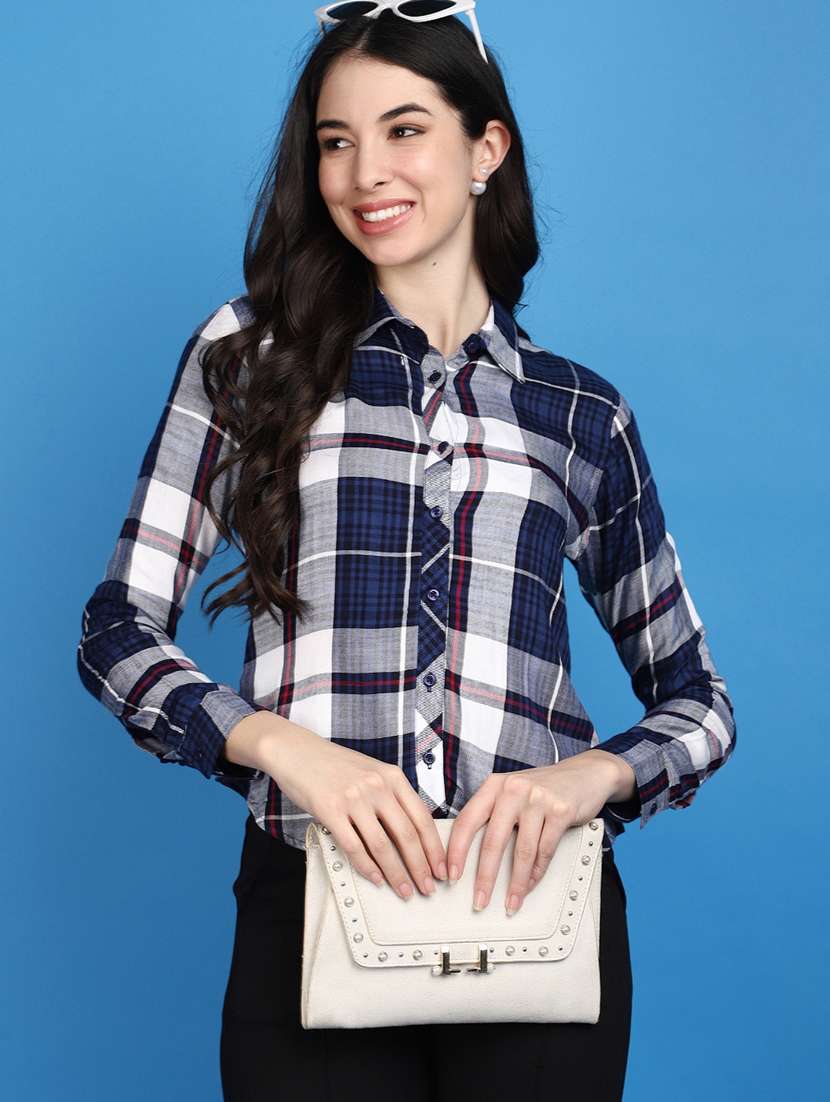 women blue checks print long sleeves shirts - 20572452 - Standard Image - 1