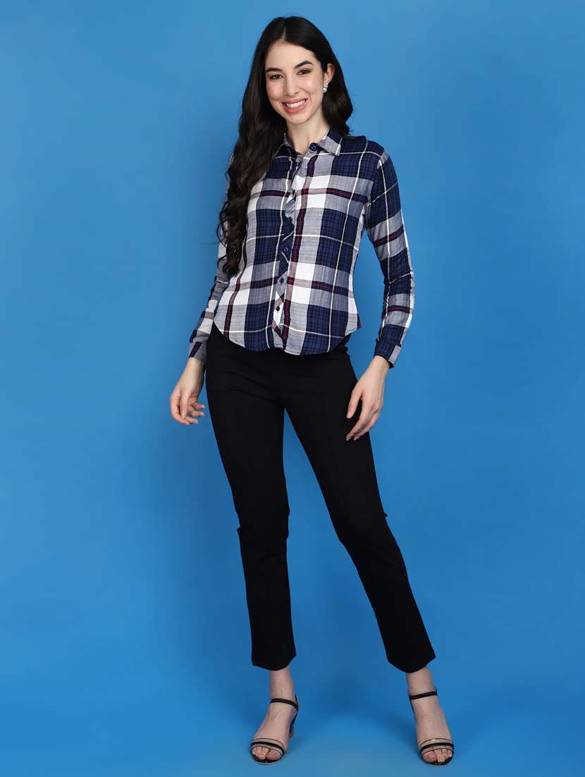 women blue checks print long sleeves shirts - 20572452 - Standard Image - 4