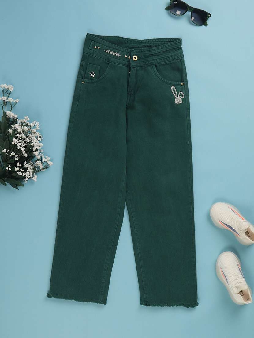 solid green detailed denim jeans