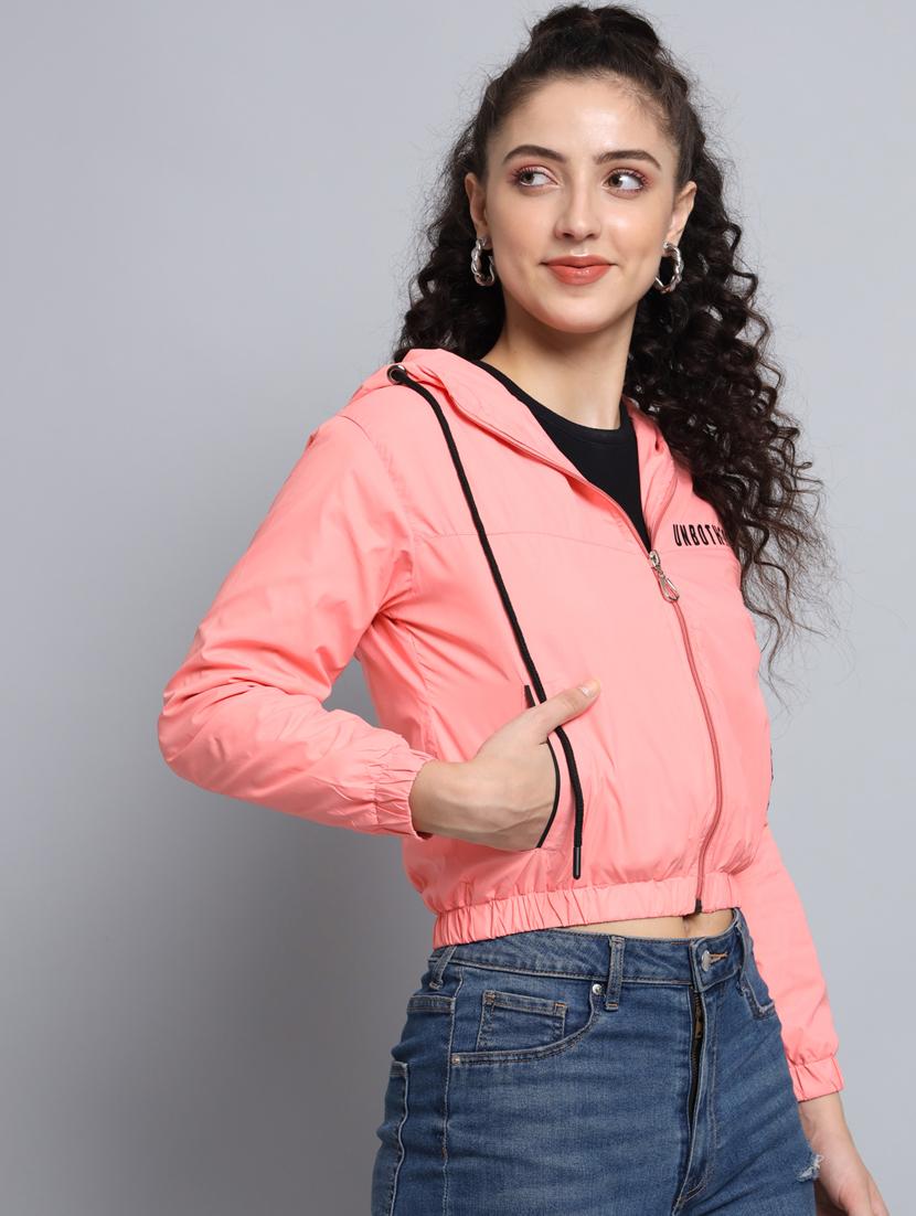 women coral pink crop hooded bomber jacket - 20572946 - Standard Image - 1