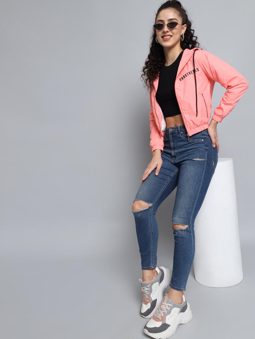 women coral pink crop hooded bomber jacket - 20572946 - Standard Image - 4