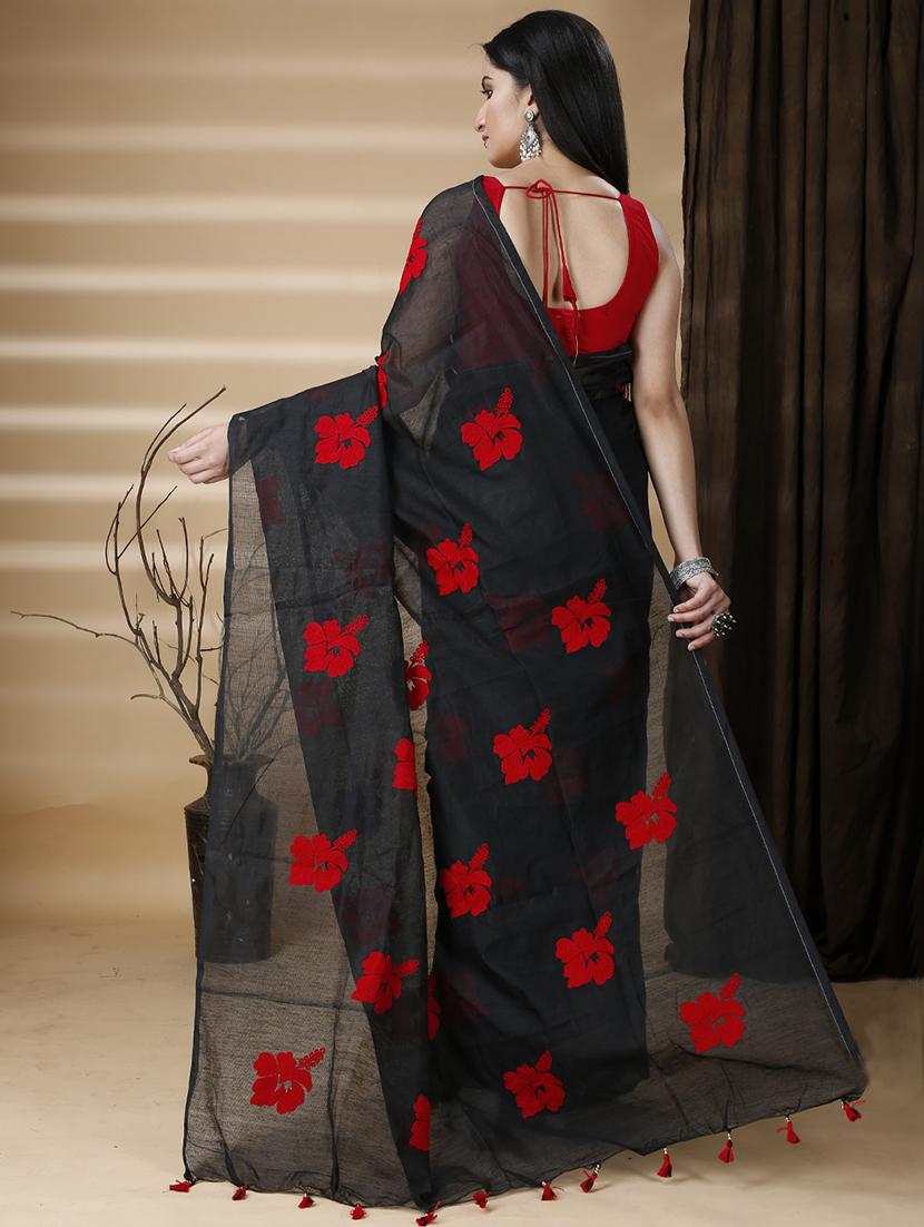 black cotton blend printed saree with blouse - 20573061 - Standard Image - 1