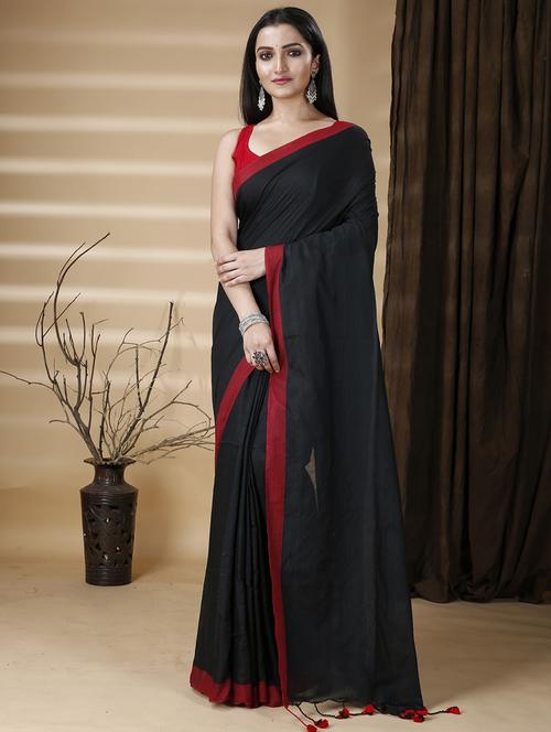 women's bordered black colored saree with blouse - 20573085 - Standard Image - 0