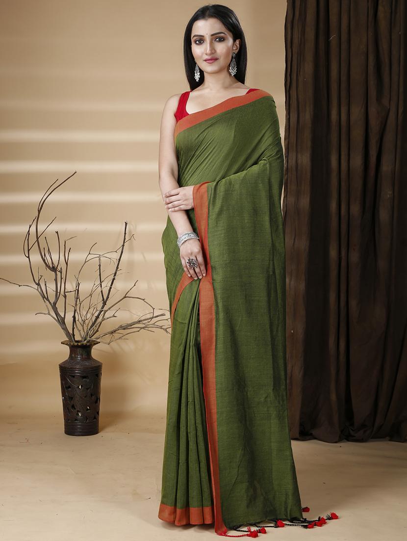 women's bordered olive colored saree with blouse - 20573086 - Zoom Image - 0