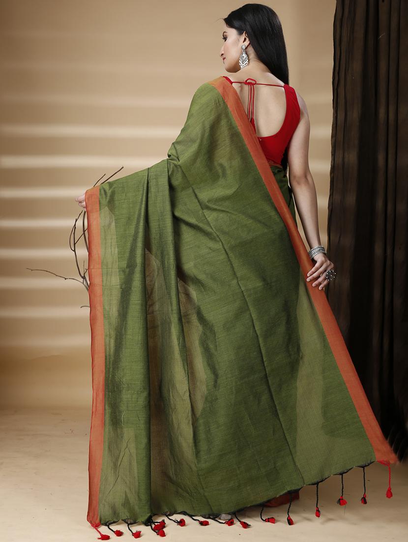 women's bordered olive colored saree with blouse - 20573086 - Standard Image - 1