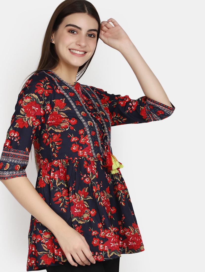 women navy blue floral printed a-line kurti - 20588404 - Standard Image - 1