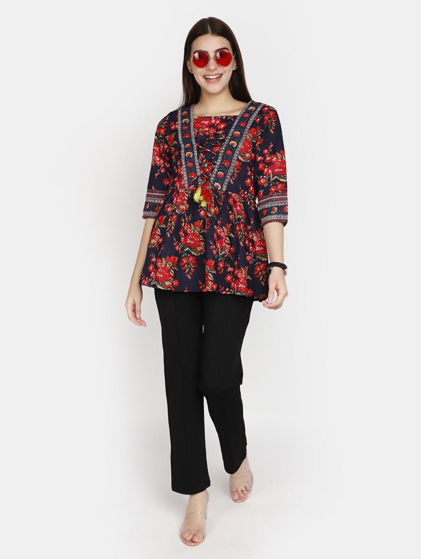 women navy blue floral printed a-line kurti - 20588404 - Standard Image - 4