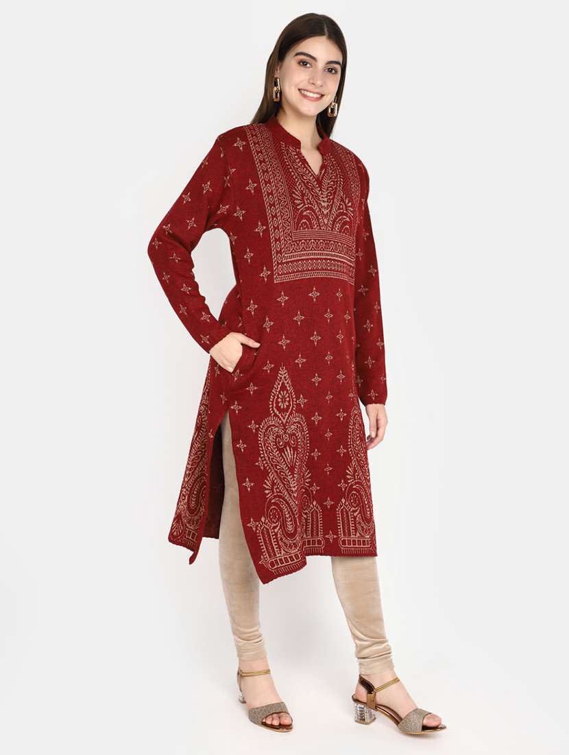 maroon self design detailed kurta - 20588645 -  Standard Image - 1