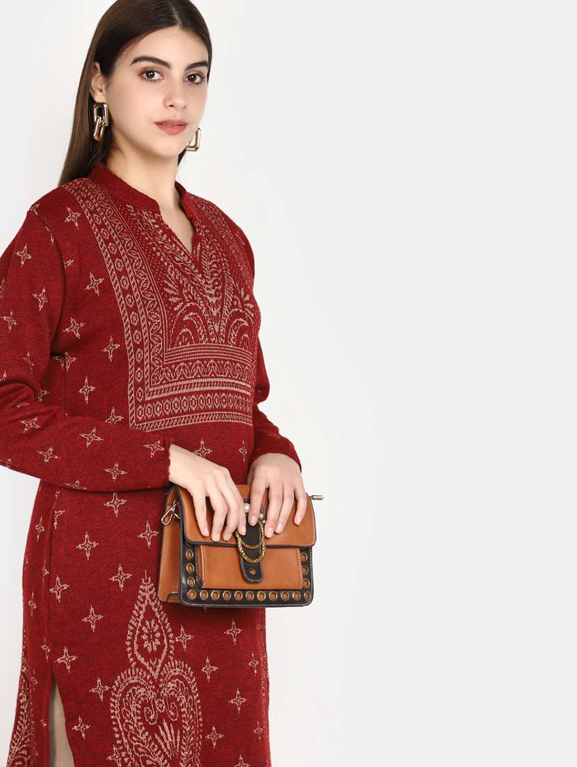 maroon self design detailed kurta - 20588645 - Standard Image - 4