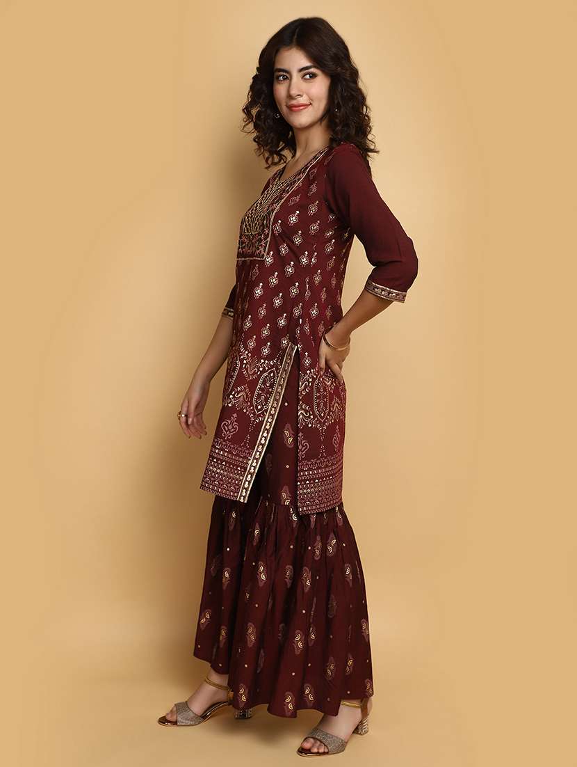 maroon rayon kurta sharara  set - 20588864 -  Standard Image - 1