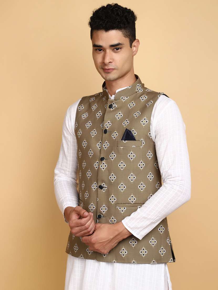 men printed nehru jacket - 20589763 -  Standard Image - 1