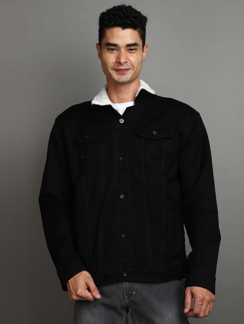 men black solid long sleeve denim jacket