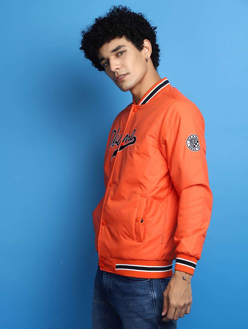 men orange henley neck casual jacket - 20589808 -  Standard Image - 1