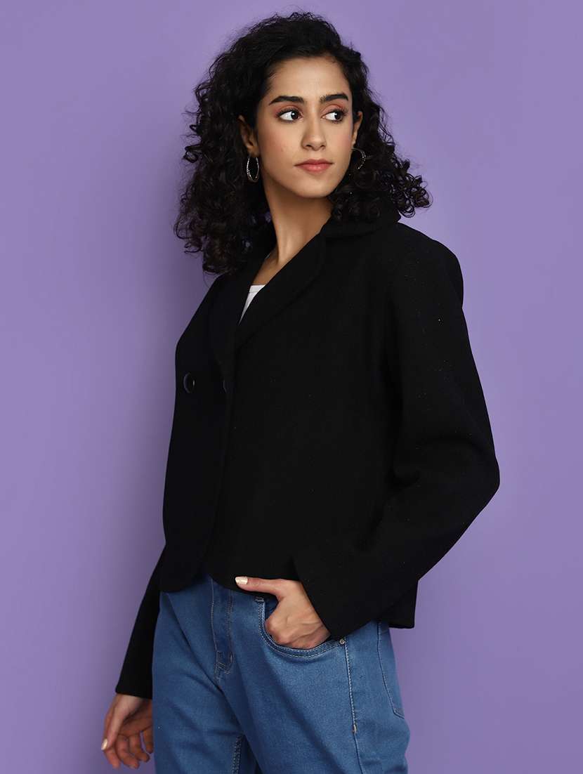 women black solid full sleeve coat - 20589886 -  Standard Image - 1