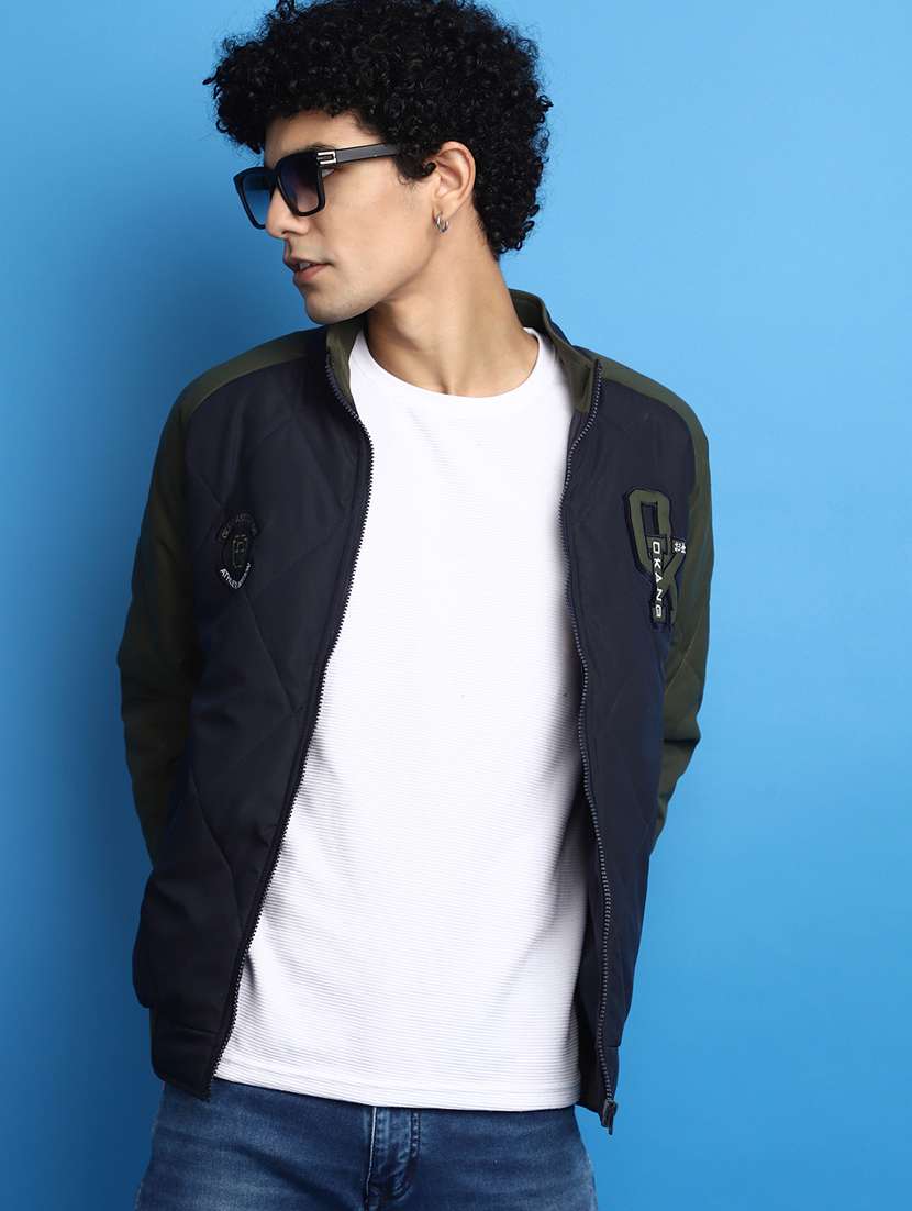 blue color block casual jacket - 20589951 -  Standard Image - 1