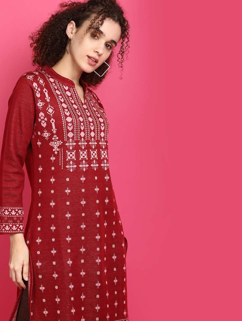 maroon self design detailed kurta - 20589961 - Standard Image - 4