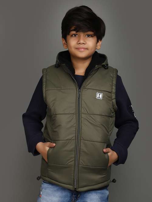 olive green solid sleeveless jacket - 20589991 -  Standard Image - 0