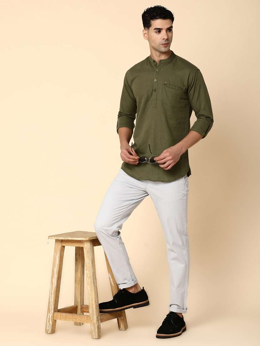 men mandarin neck solid short kurta - 20590122 -  Standard Image - 4