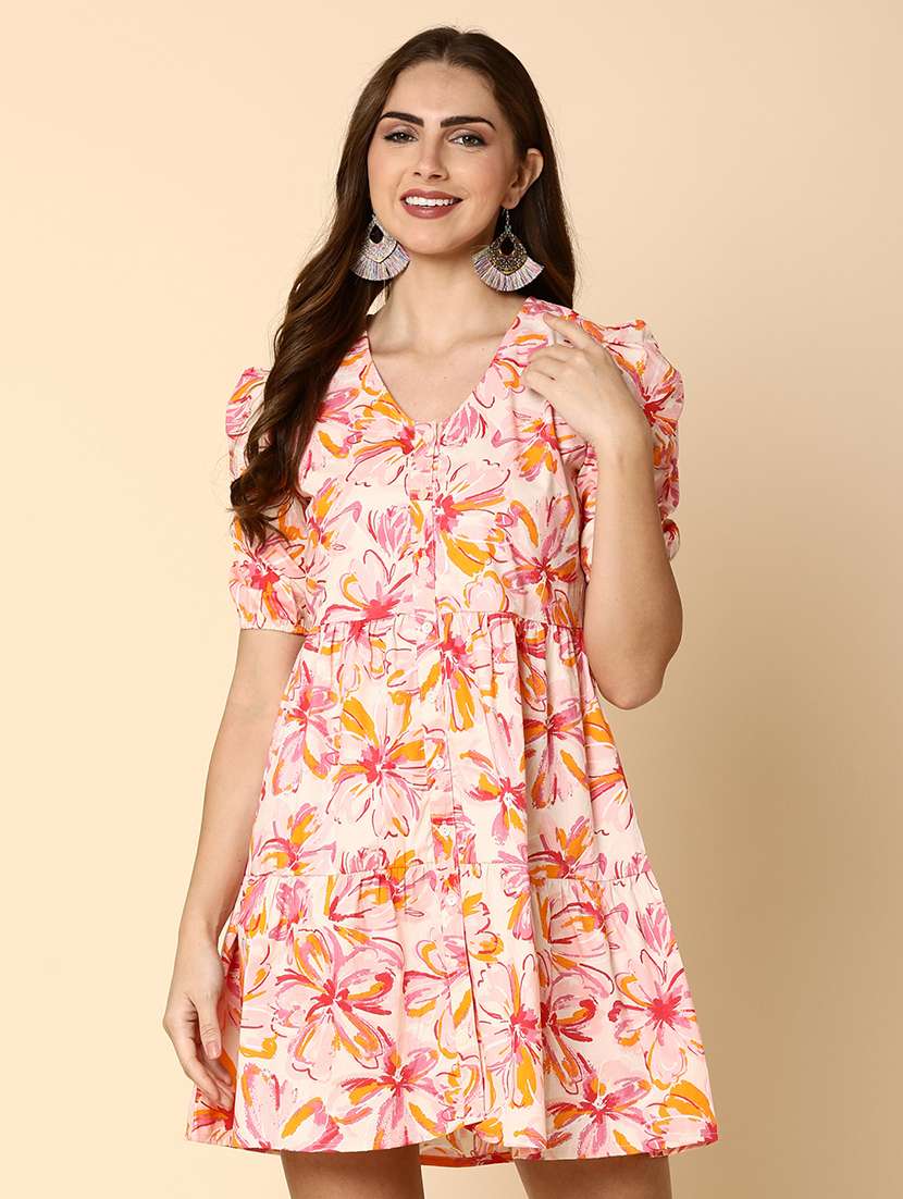 women pink floral print cotton flared dress
