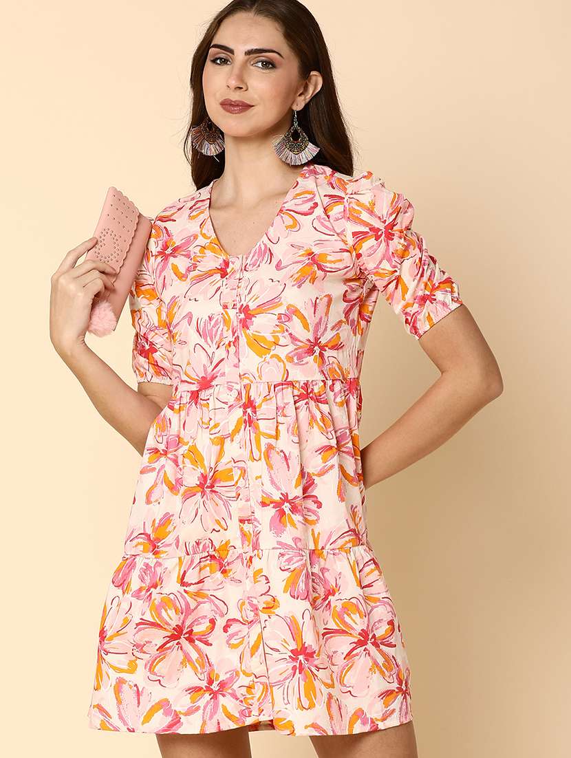 women pink floral print cotton flared dress - 20590170 -  Standard Image - 1