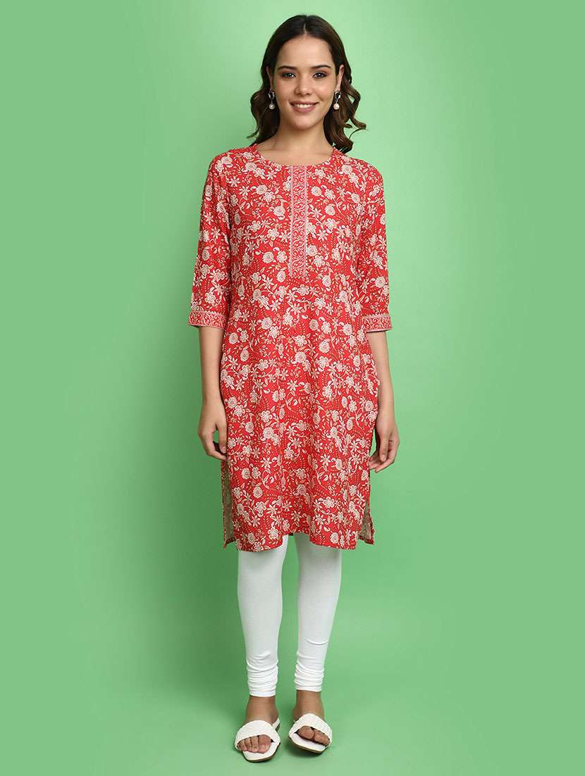women red round neck straight kurta