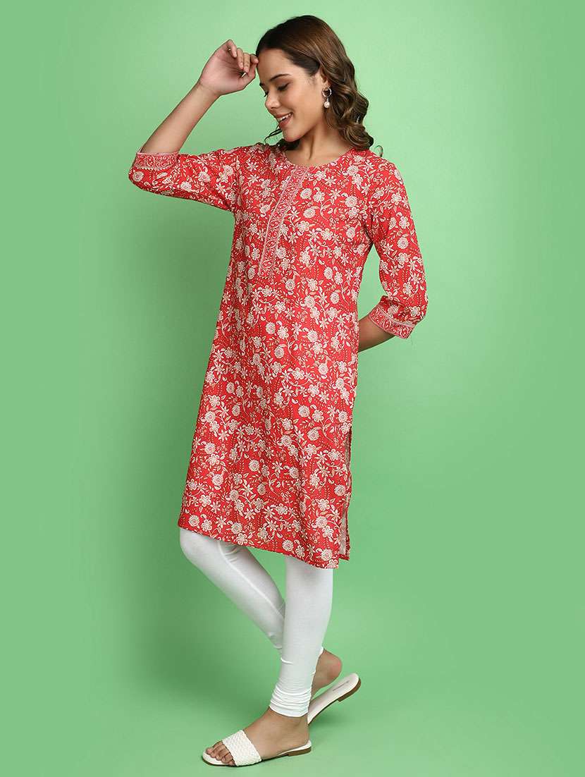 women red round neck straight kurta - 20590285 -  Standard Image - 1