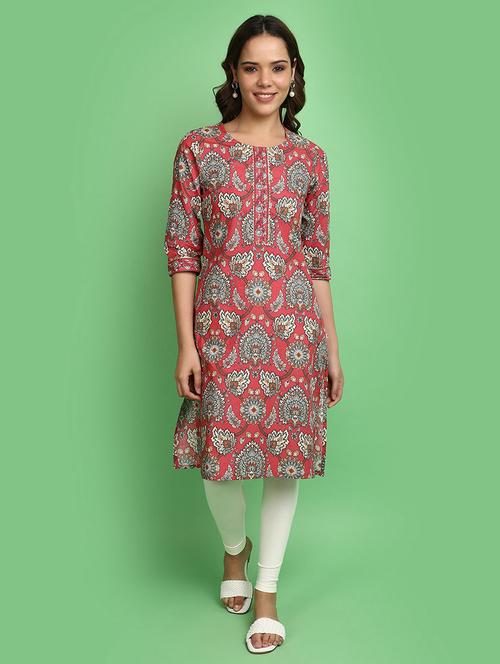 women red round neck straight kurta - 20590403 -  Standard Image - 0
