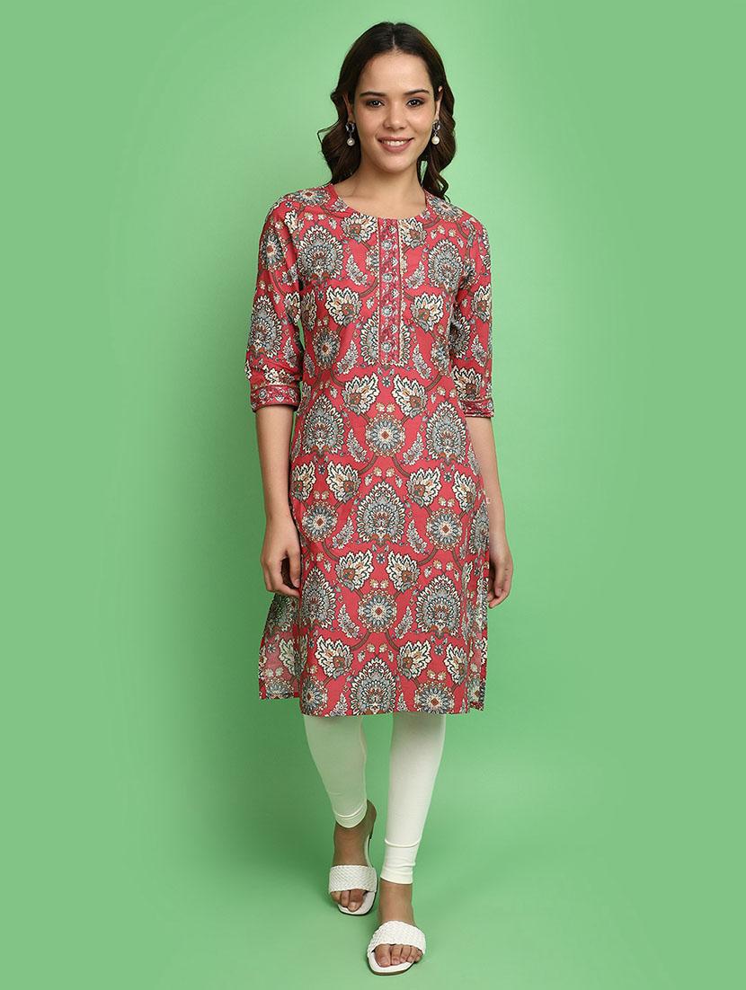 women red round neck straight kurta