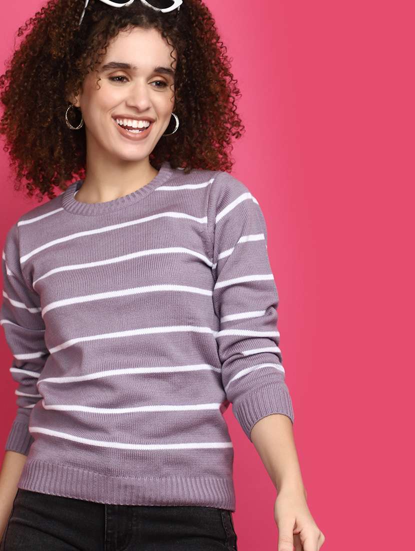 women purple stripes pullover - 20591023 -  Standard Image - 1