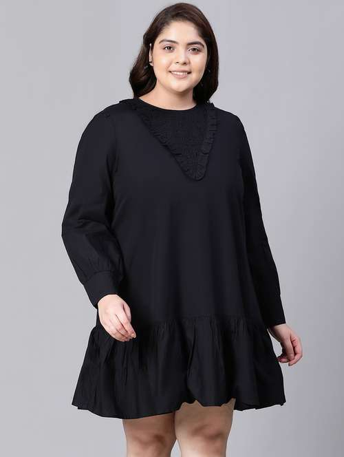 women solid smocked detailed plus size short dress - 20591153 -  Standard Image - 0