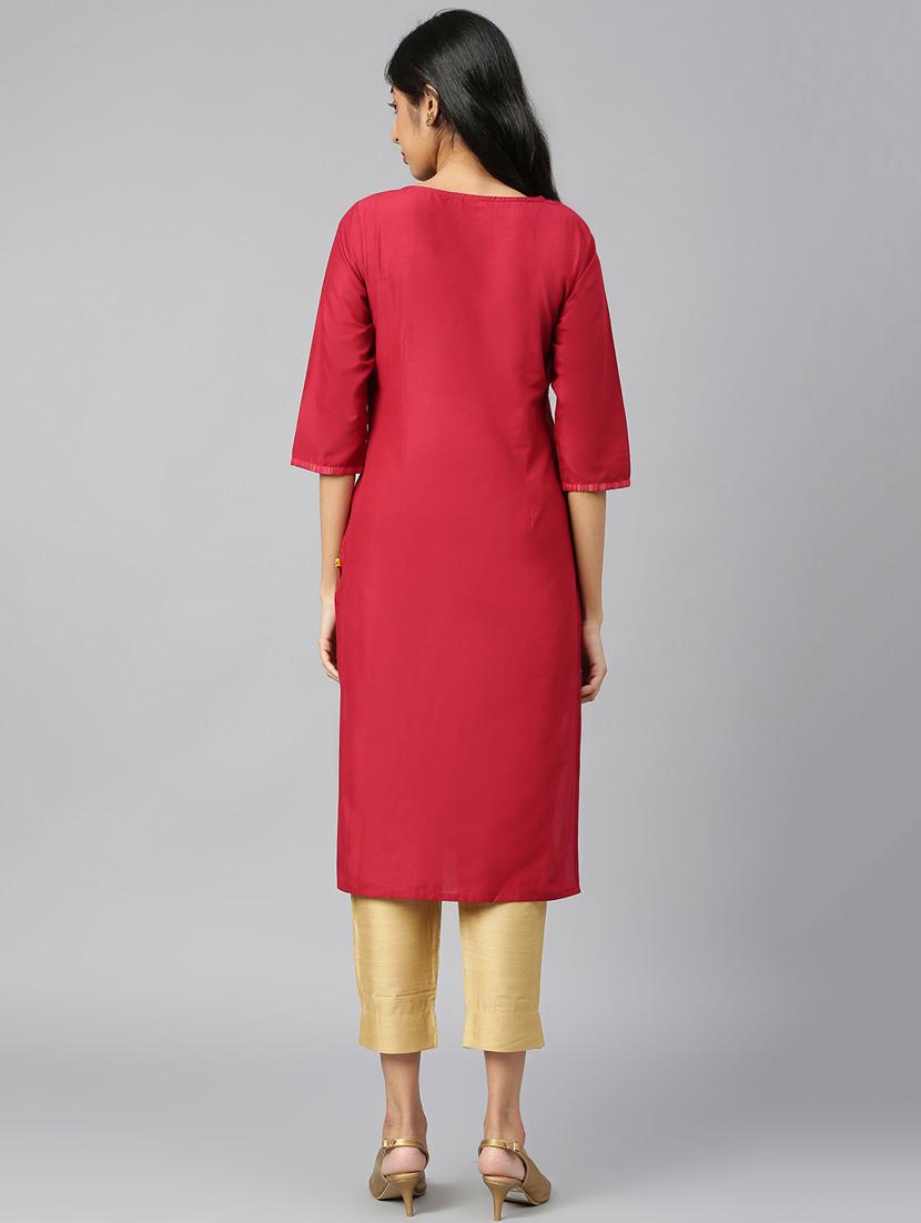 women red round neck straight kurta - 20591231 - Standard Image - 4